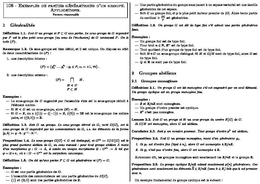 108 - Exemples de parties génératrices dun groupe. Applications. 1