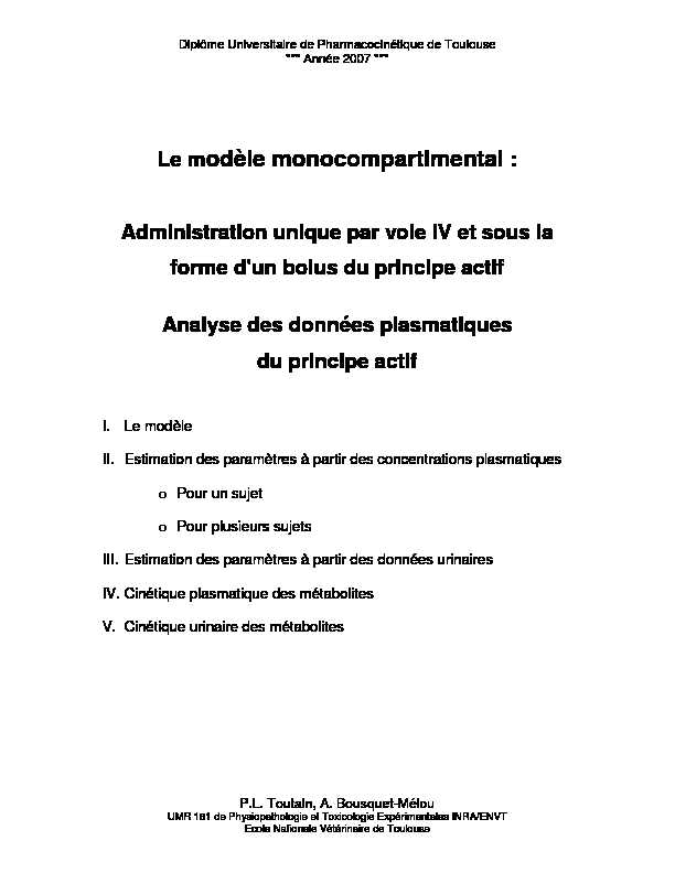 Le modèle monocompartimental : Administration unique par voie IV