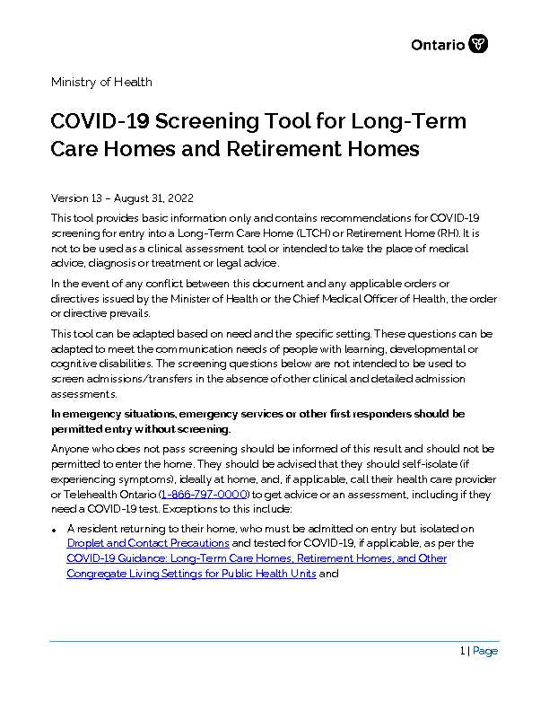 COVID-19 Screening Tool for Long-Term Care Homes and