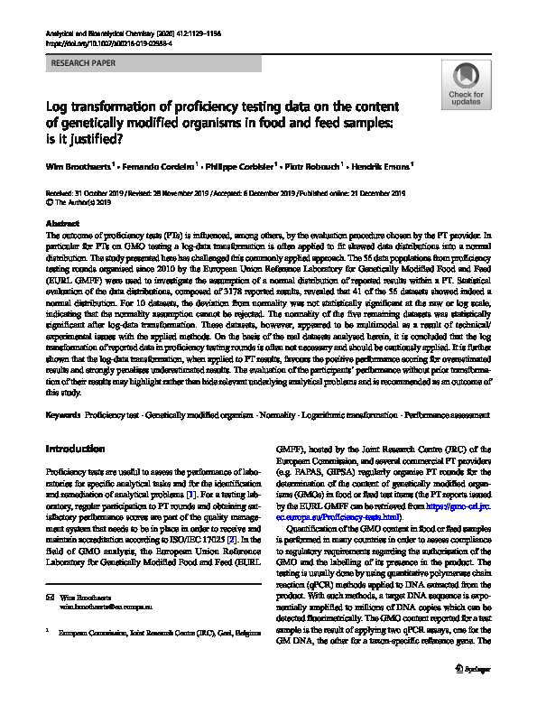 Log transformation of proficiency testing data on the content of