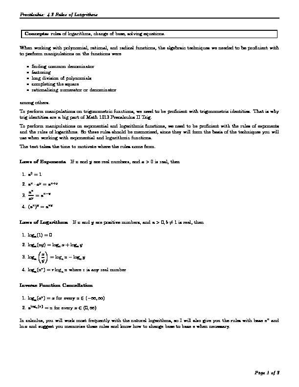 Precalculus: 4.3 Rules of Loagrithms Concepts: rules of logarithms
