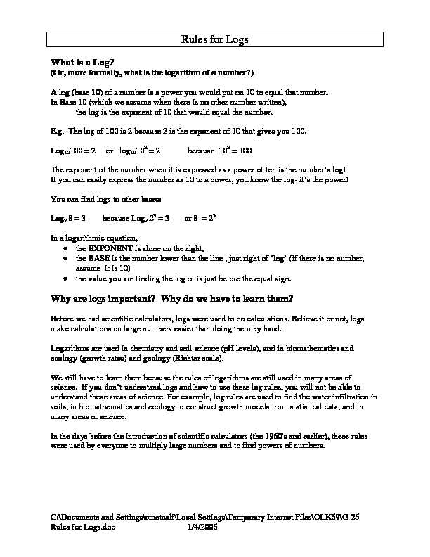 NHTI Learning Center Math Lab G-25 Rules for Logs