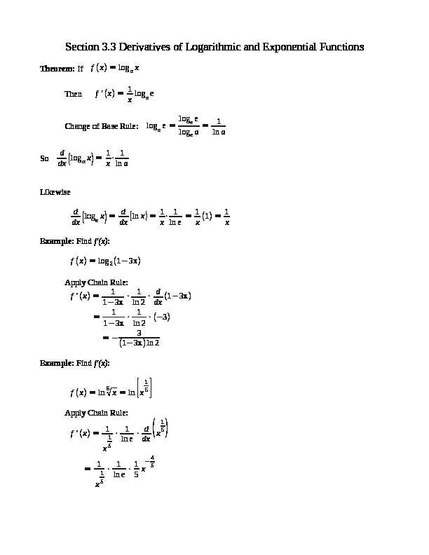 Section 3.3 Derivatives of Logarithmic and Exponential Functions