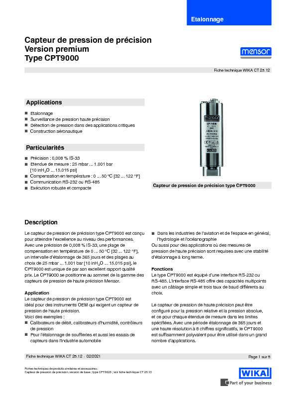 Capteur de pression de précision Version premium Type CPT9000