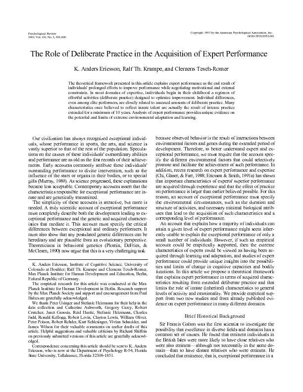 The Role of Deliberate Practice in the Acquisition of Expert
