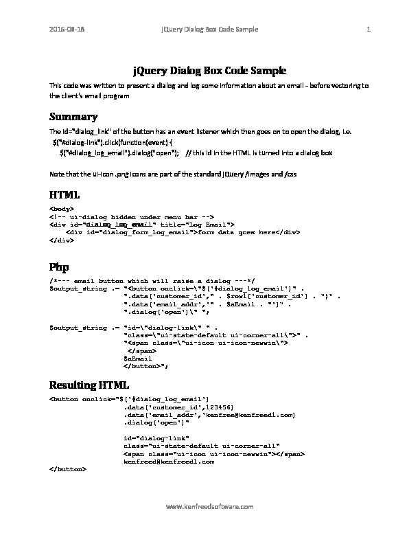 jQuery Dialog Box Code Sample Summary HTML Php Resulting