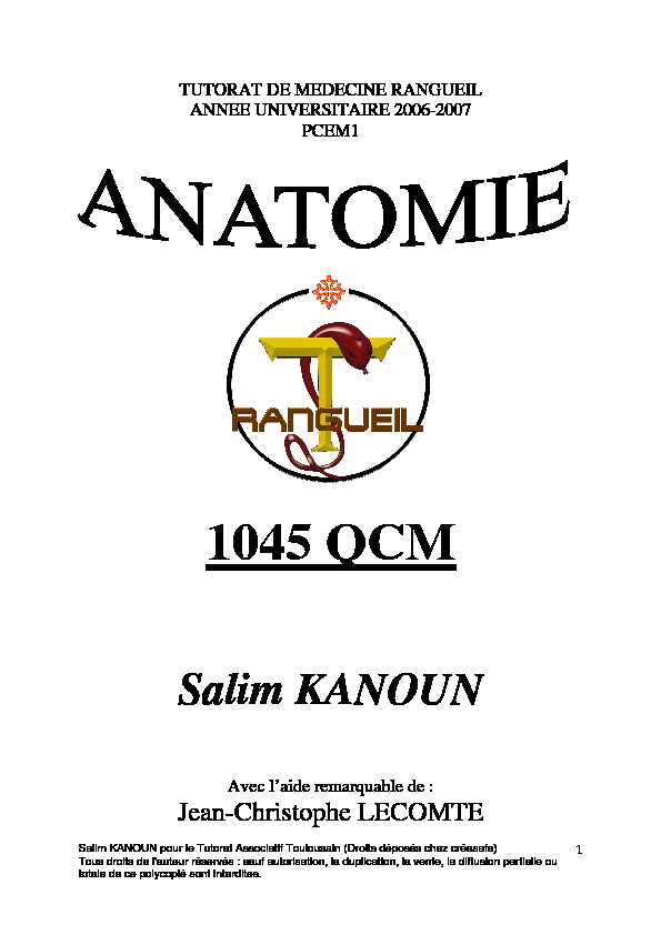 Polycopié Anatomie 1045 QCM PCEM1 Tutorat Toulouse