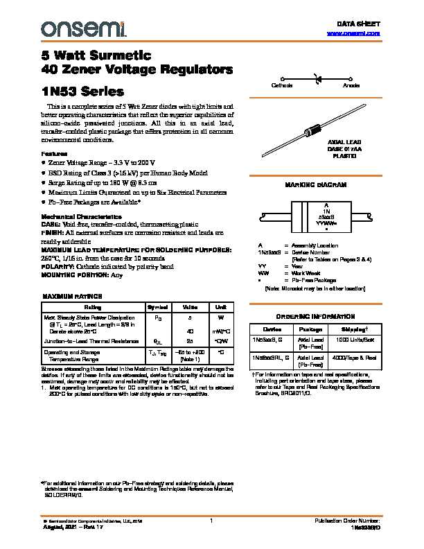 1N5333B - 5 Watt Surmetic 40 Zener Voltage Regulators