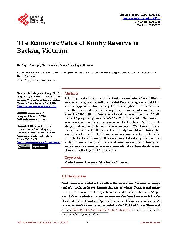 The Economic Value of Kimhy Reserve in Backan Vietnam