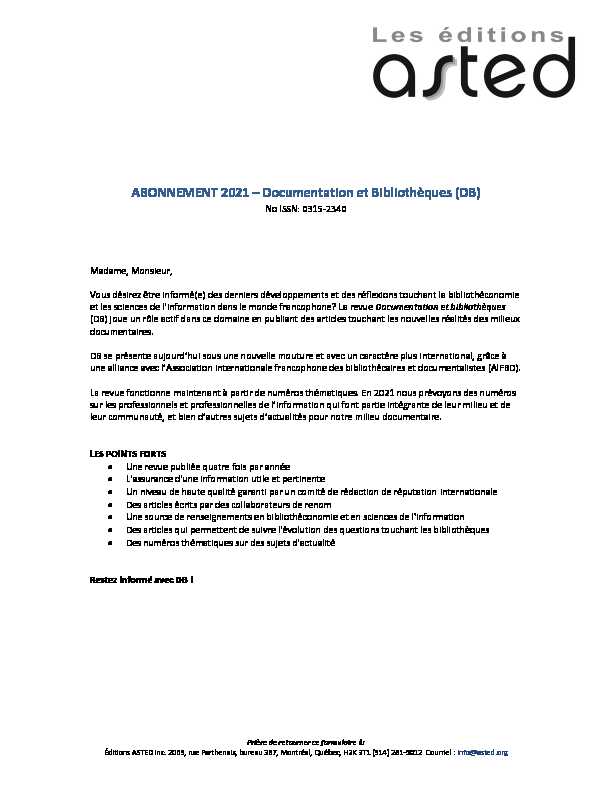 [PDF] ABONNEMENT 2021 – Documentation et Bibliothèques (DB)