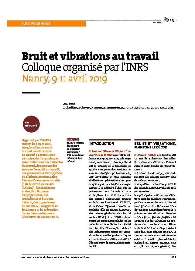 [PDF] Bruit et vibrations au travail Colloque organisé par lINRS