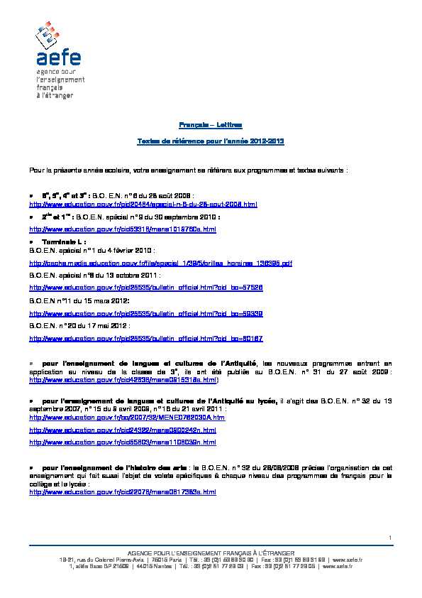 [PDF] Letttres Textes de référence pour lannée 2012-2013 - Français - AEFE