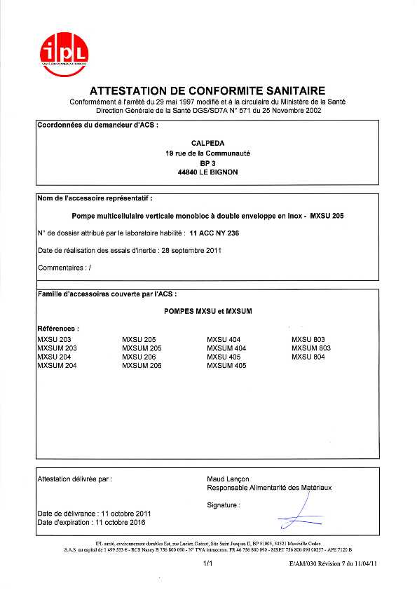 [PDF] ATTESTATION DE CONFORMITE SANITAIRE - Calpeda