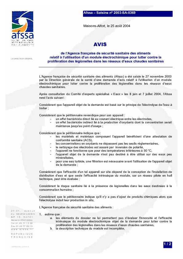 [PDF] Afssa – Saisine n° 2003-SA-0369 Maisons-Alfort le 25 août 2004 de