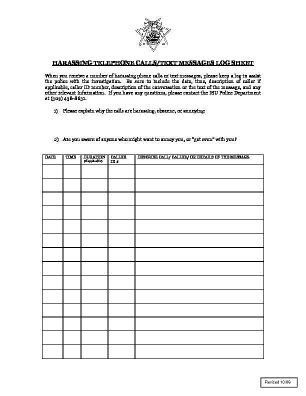 HARASSING TELEPHONE CALLS/TEXT MESSAGES LOG SHEET