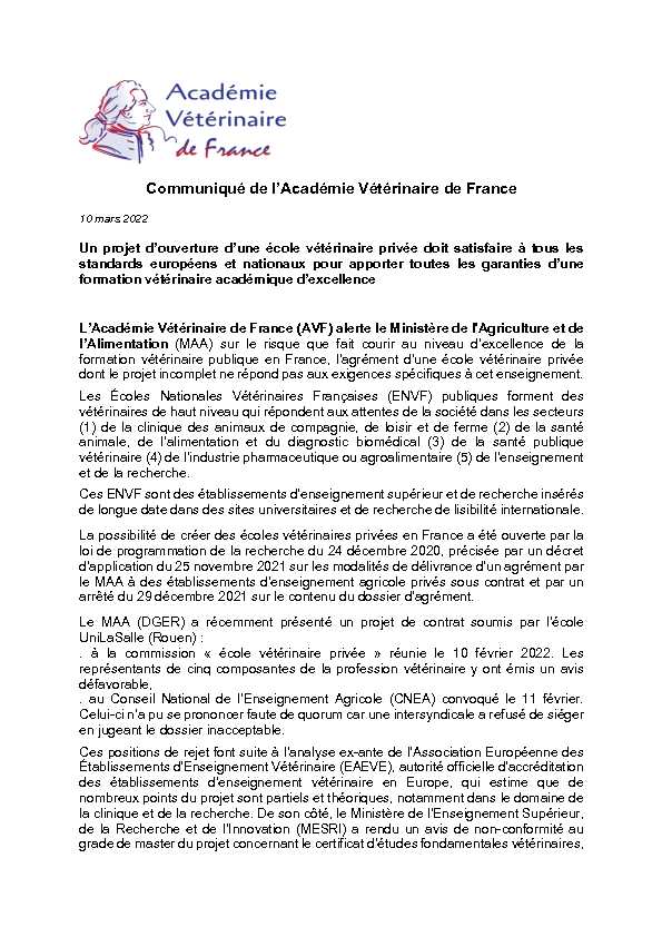 [PDF] Communiqué de lAcadémie Vétérinaire de France - SNETAP-FSU