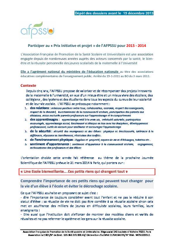 [PDF] Participer au « Prix Initiative et projet » de lAFPSSU pour 2013 - 2014