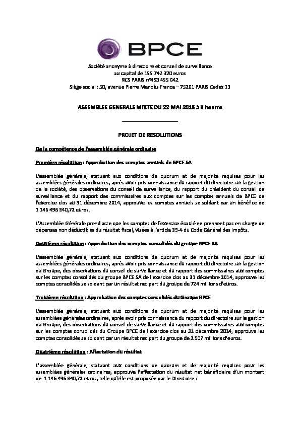 [PDF] AGM - Projets de résolutions - Groupe BPCE