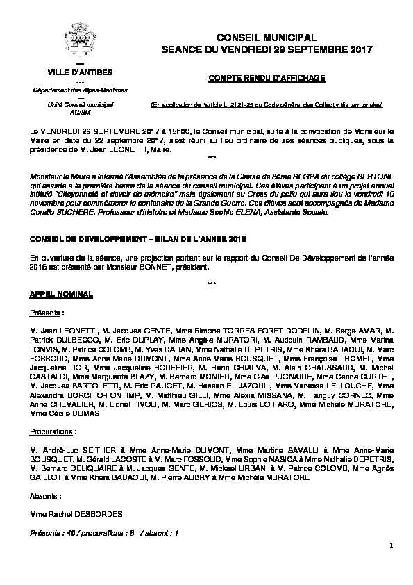 [PDF] CONSEIL MUNICIPAL SEANCE DU VENDREDI 29 SEPTEMBRE