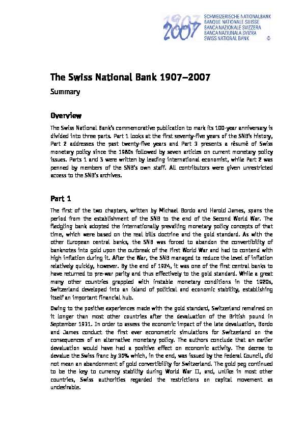 The Swiss National Bank 1907–2007 - Summary