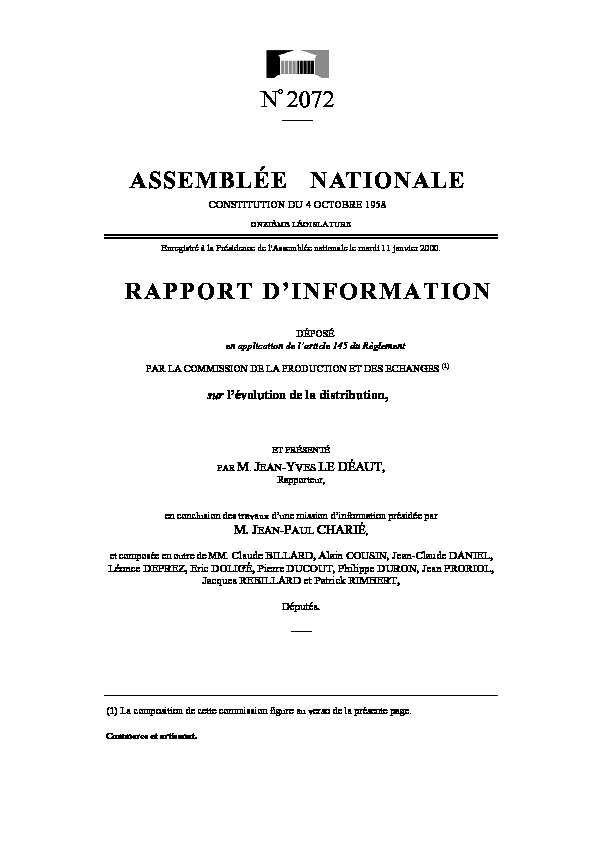 N° 2072 ASSEMBLÉE NATIONALE RAPPORT DINFORMATION