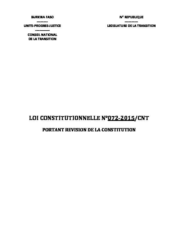 LOI CONSTITUTIONNELLE N°072-2015/CNT - PORTANT