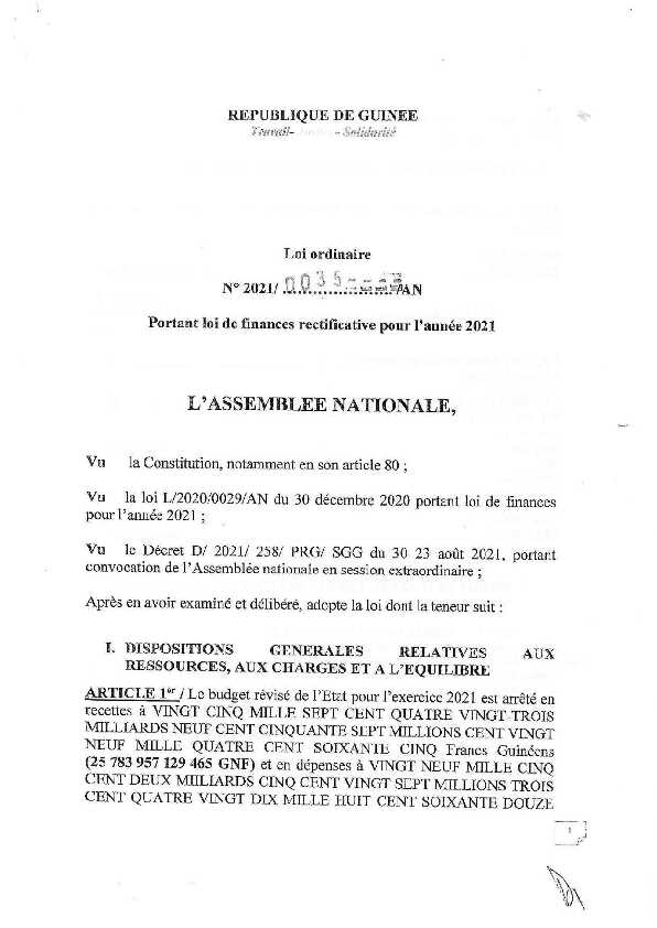 Guinee - Loi n°2021/0035/AN du 3 septembre 2021 portant loi de