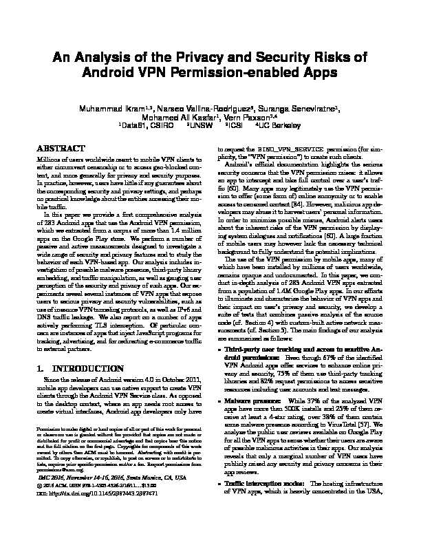 An Analysis of the Privacy and Security Risks of Android VPN