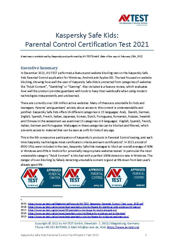 Kaspersky Safe Kids: Parental Control Certification Test 2021