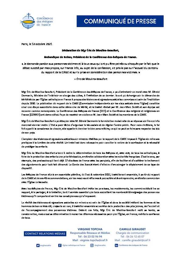 Paris le 12 octobre 2021 Déclaration de Mgr Éric de Moulins