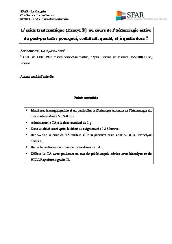 [PDF] Lacide tranexamique (Exacyl ®) au cours de lhémorragie active du