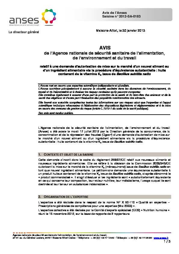 [PDF] de lAgence nationale de sécurité sanitaire de lalimentation  - Anses