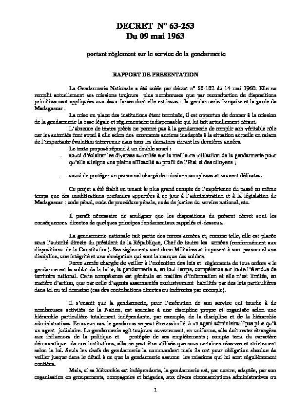 [PDF] DECRET N°63-263 portant règlement sur le service de la gendarmerie