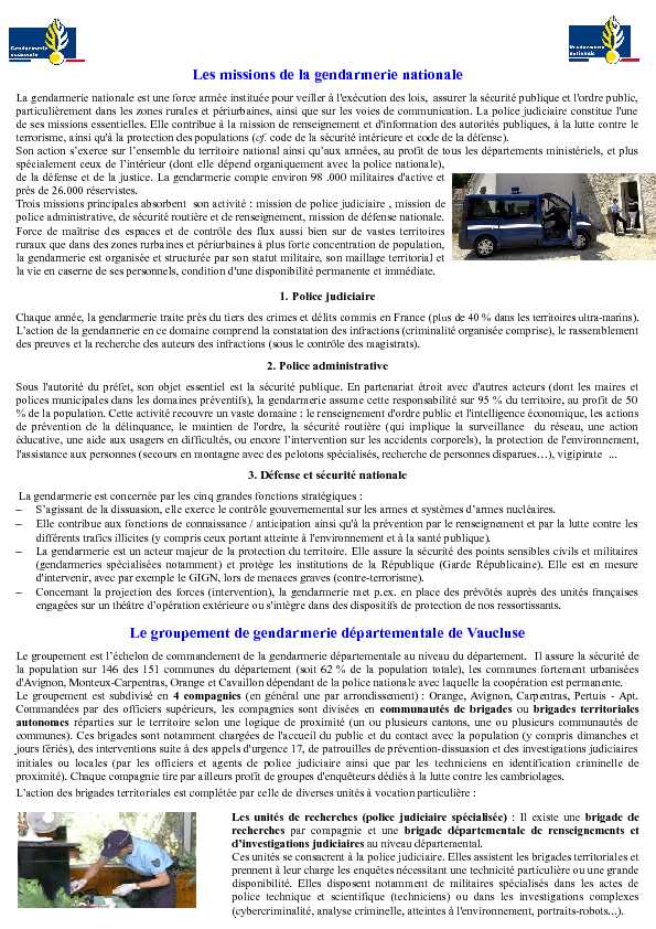 [PDF] Les missions de la gendarmerie nationale - vauclusegouvfr