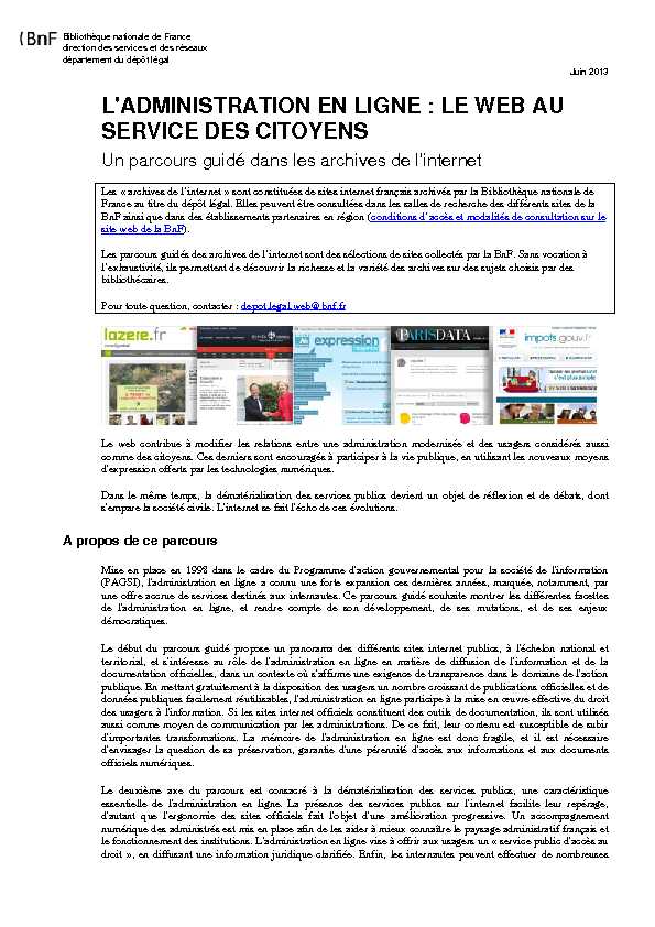 [PDF] Ladministration en ligne : le web au service des citoyens - BnF