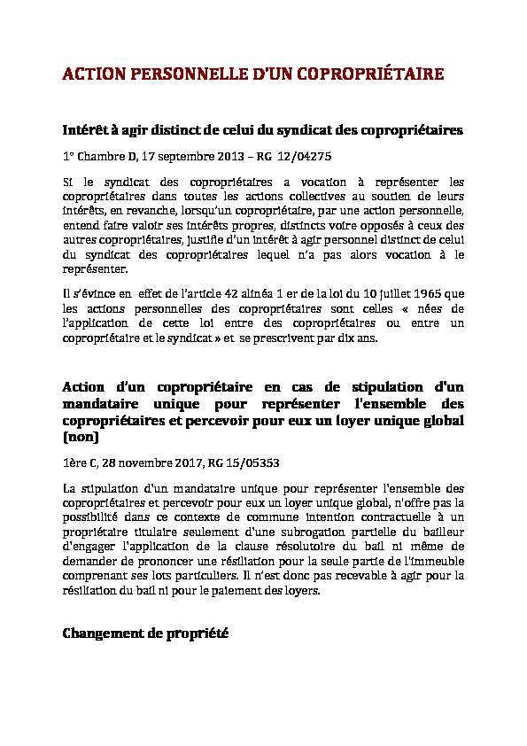 [PDF] ACTION PERSONNELLE DUN COPROPRIÉTAIRE