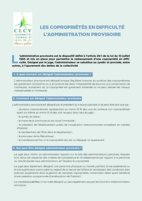 [PDF] coproprietes-en-difficultes-ladministration-provisoirepdf - CLCV