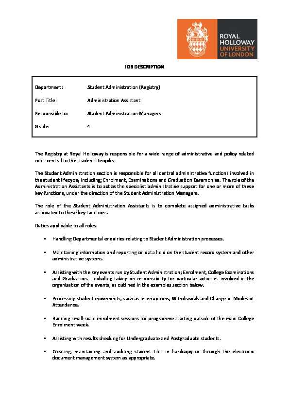 [PDF] JOB DESCRIPTION Department: Student Administration (Registry