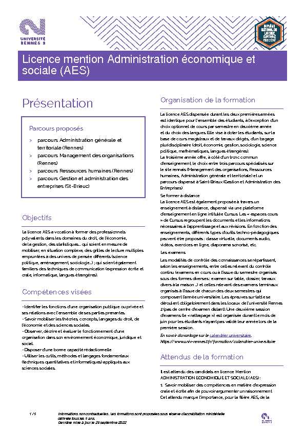 [PDF] Licence mention Administration économique et sociale (AES)