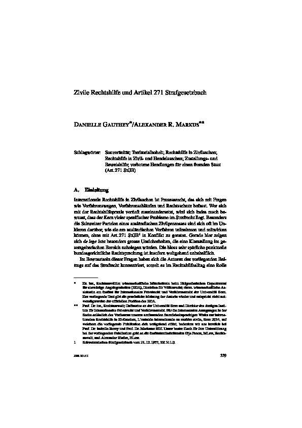 [PDF] Zivile Rechtshilfe und Artikel 271 Strafgesetzbuch Danielle Gauthey