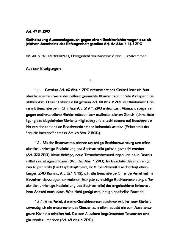 [PDF] Art 47 ff ZPO Gutheissung Ausstandsgesuch gegen  - Gerichte ZH
