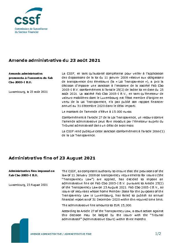 [PDF] Amende administrative du 23 août 2021 - CSSF