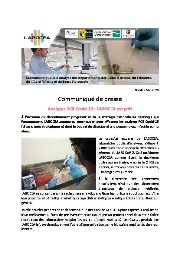 [PDF] Communiqué de presse - Analyses PCR Covid-19 : LABOCEA est prêt
