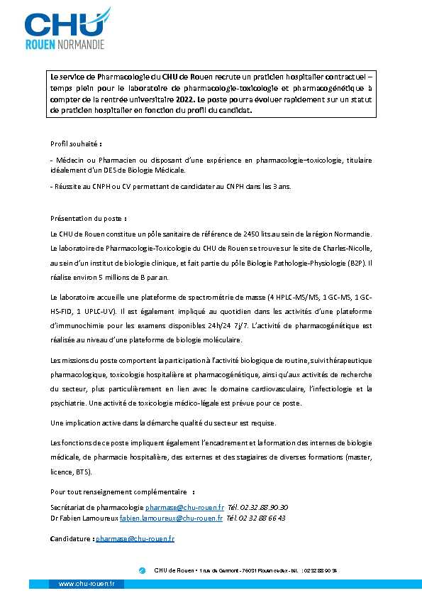 [PDF] Le service de Pharmacologie du CHU de Rouen recrute un praticien