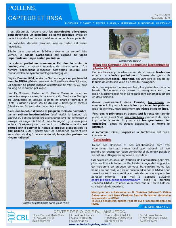 [PDF] POLLENS CAPTEUR ET RNSA - Centre de Biologie du Languedoc