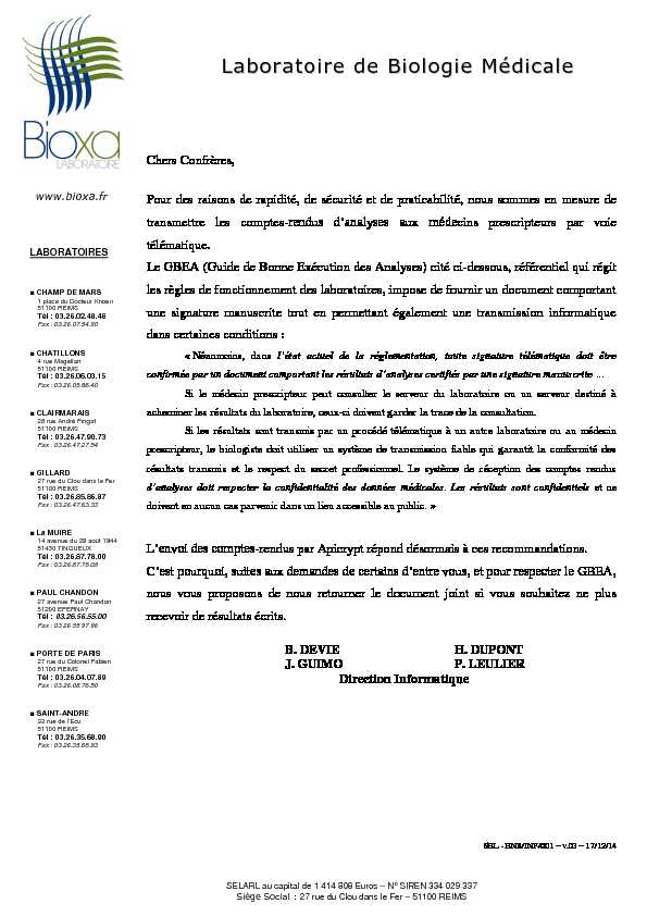 [PDF] Laboratoire de Biologie Médicale - Bioxa
