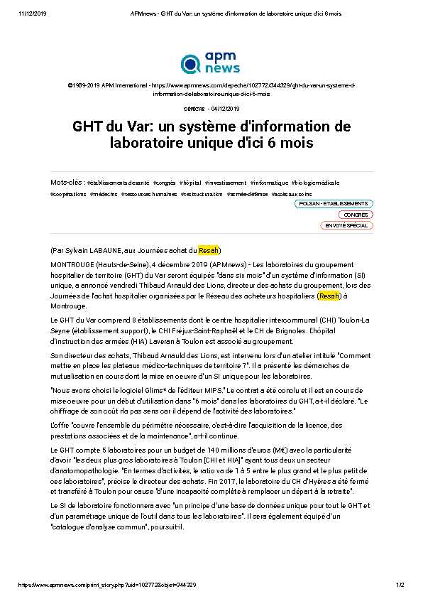 [PDF] GHT du Var: un système dinformation de laboratoire unique dici 6