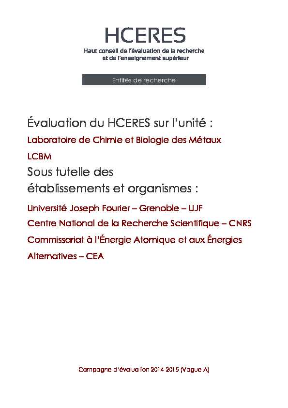 [PDF] Laboratoire de Chimie et Biologie des Métaux LCBM - Hcéres