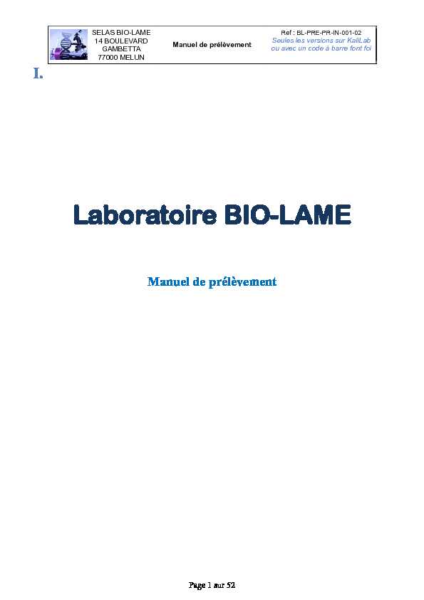 [PDF] Manuel de prélèvement - Laboratoires BIO-LAME