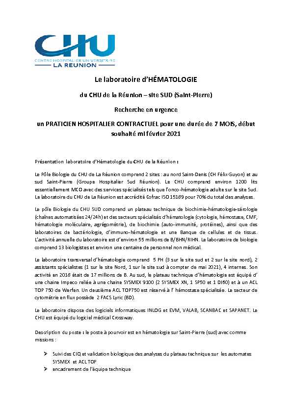 [PDF] Le laboratoire dHÉMATOLOGIE - du CHU de la Réunion - CytHem